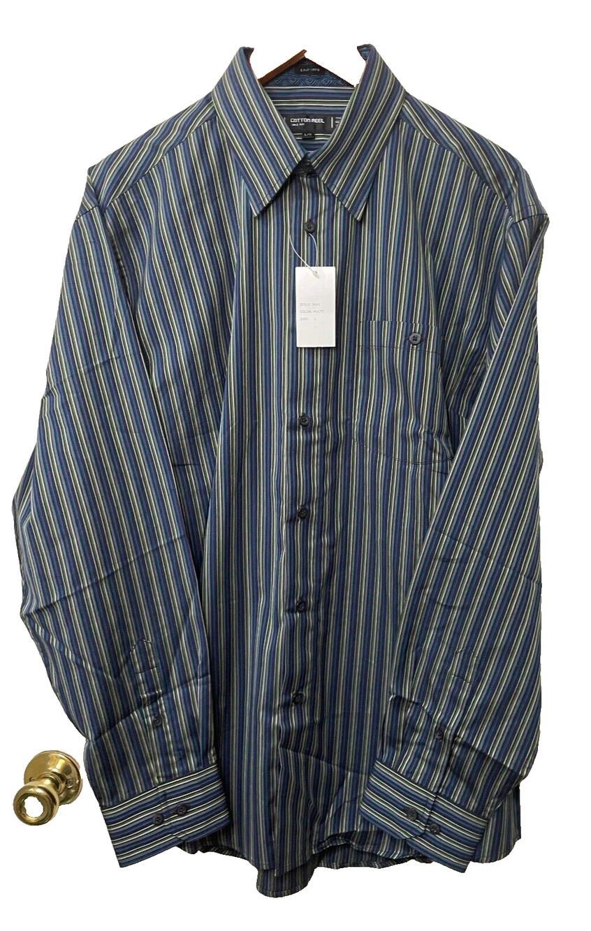 2 Ply 100's Cotton Reel Mens Shirt Multi Color Striped Button Up Size L- NWT